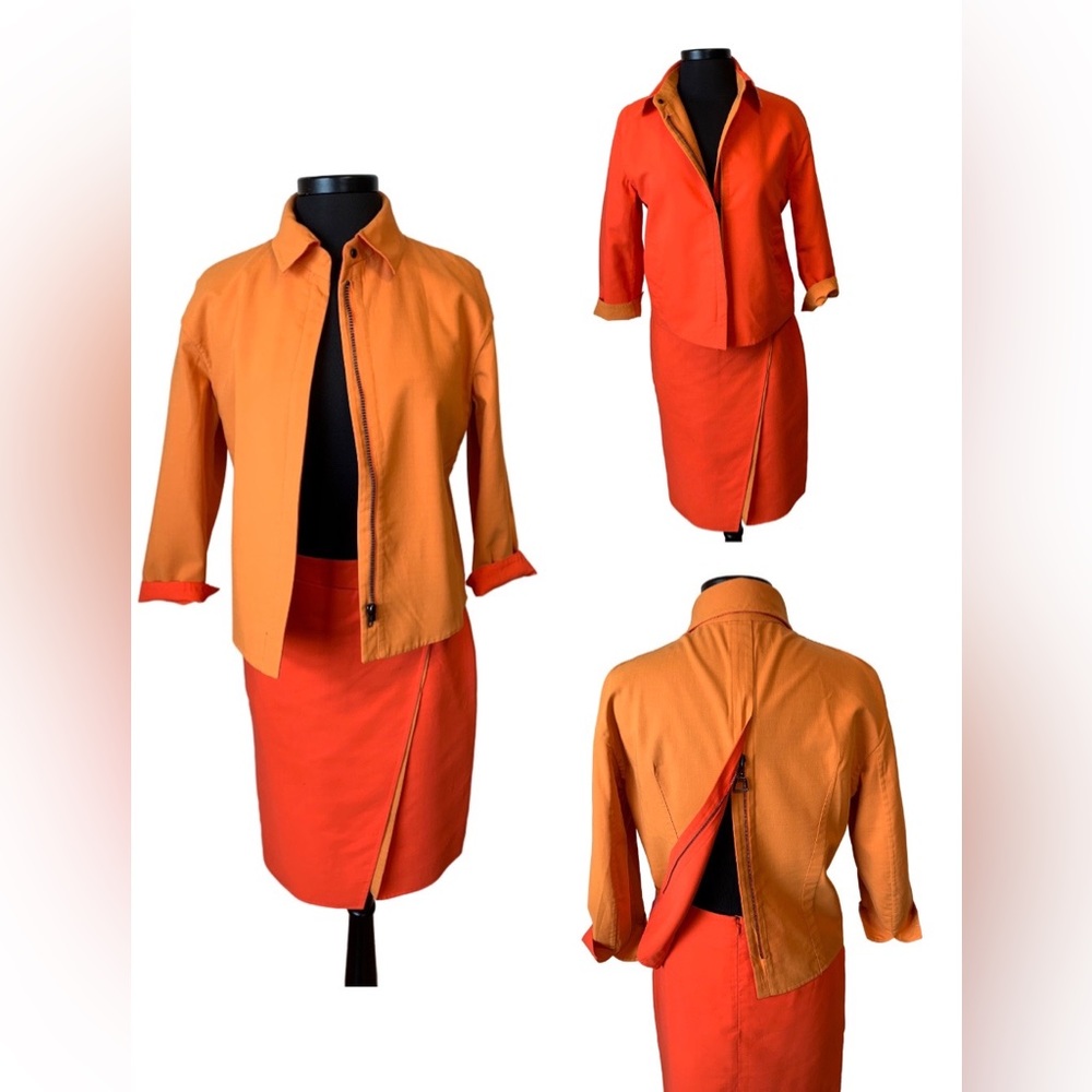 AKRIS Reversible Natalie Jacket Matching Skirt Set Two Toned Orange Cotton